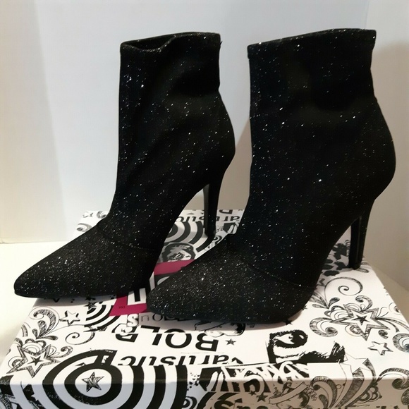 Womens  Black Sparkly Fashion Ankle Boots Heels - Picture 5 of 6